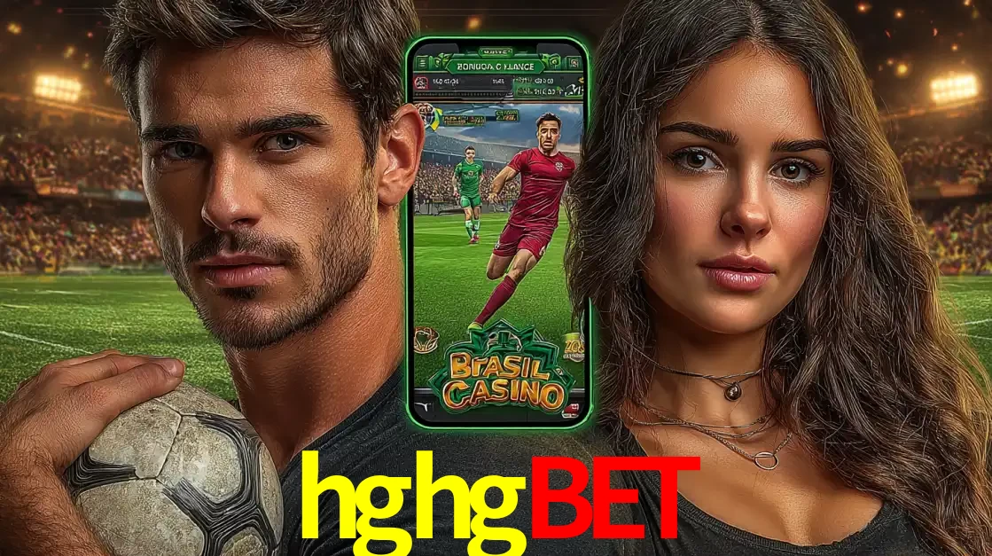 Homem segurando uma bola de futebol e uma mulher ao lado de um smartphone exibindo o jogo de apostas esportivas da hghgbet. Faça seu palpite no cassino online.